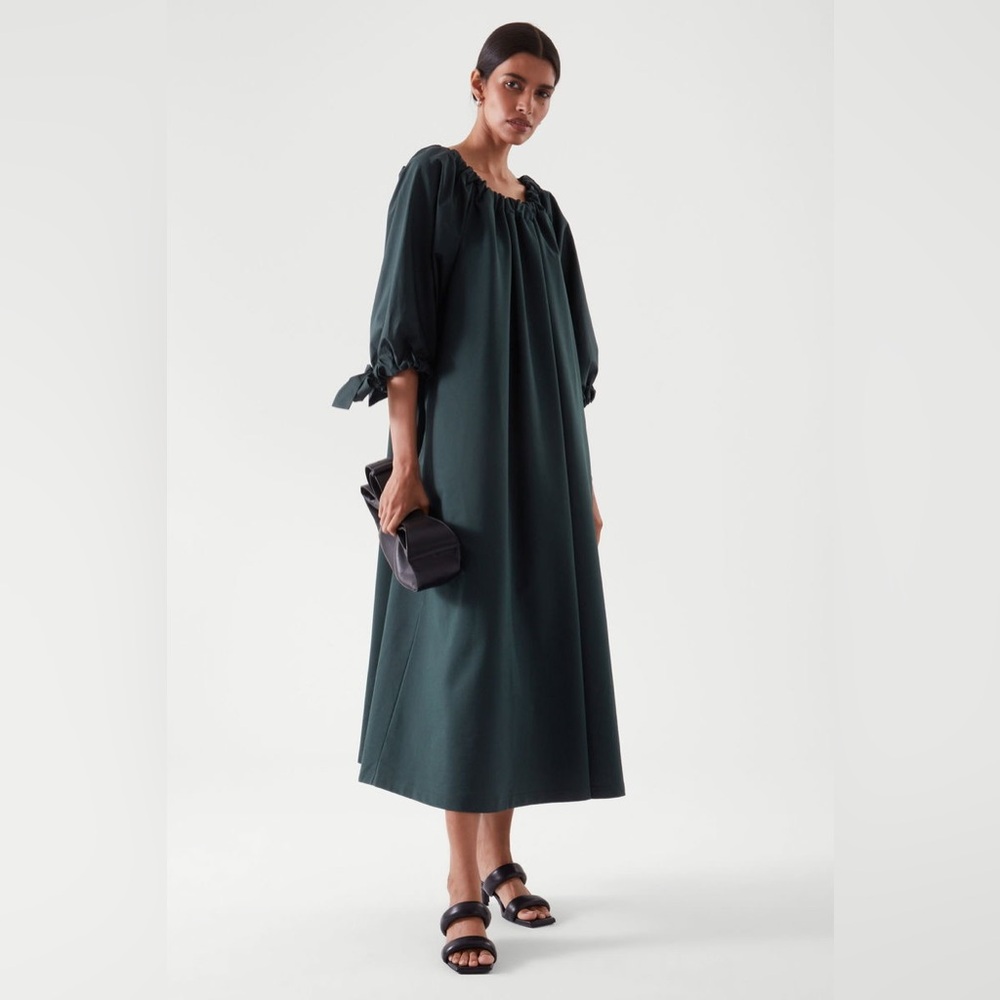 COS Gathered Dress in Dark Turquoise Elegant Midi Dress